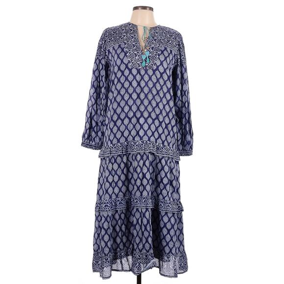 Alicia BELL boho beaded tassel ruffle tiered long sleeve printed midi dress Sz L - Picture 1 of 8